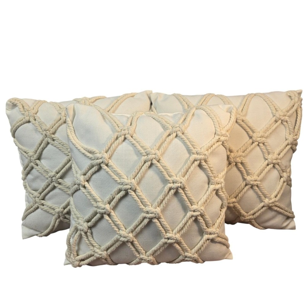 Set of 3 Macrame Rope Throw Pillows Cream Boho Coastal Decorative Accent 12x12